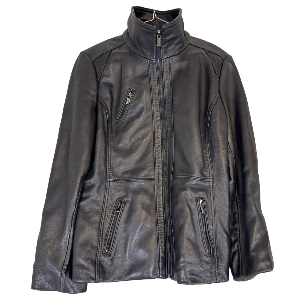 Avanti Black Leather Jacket Womens XL Mock Neck Full Zip Pockets Soft Leather